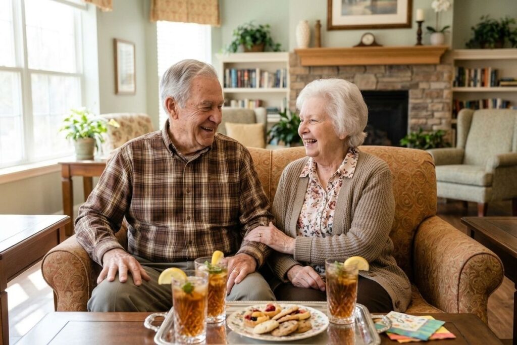Two older adults laughing together on a sofa with iced tea and cookies on the coffee table.
