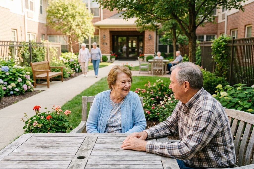 Two smiling older adults sit talking at a wooden table in a landscaped courtyard.&nbsp;