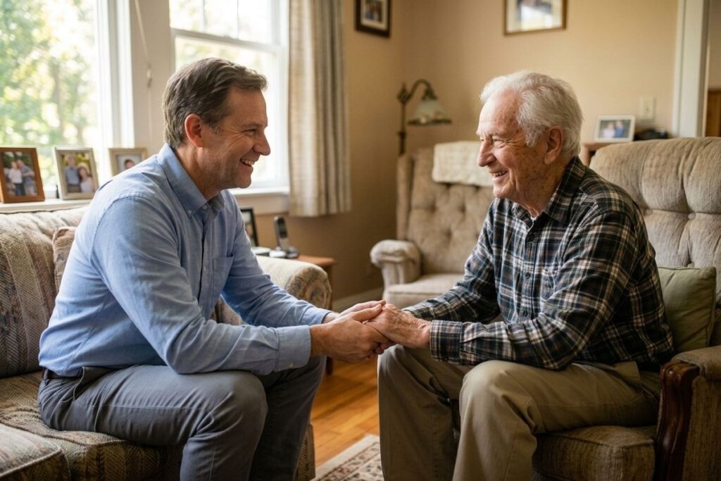 An adult on a sofa and an older adult in an armchair sit facing each other in a living room, holding hands and smiling.