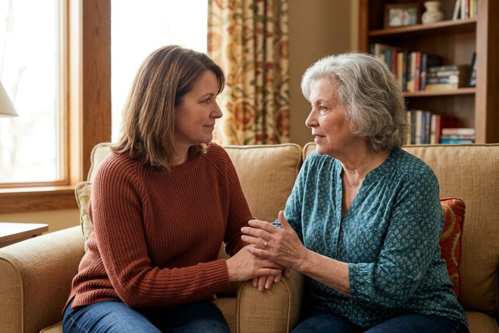 An older adult and their adult child clasp hands while sitting together on a comfortable couch in a home in senior living.
