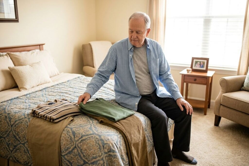 An older adult in memory care sits on the edge of a bed, touching folded clothes laid out beside them on a patterned bedspread.
